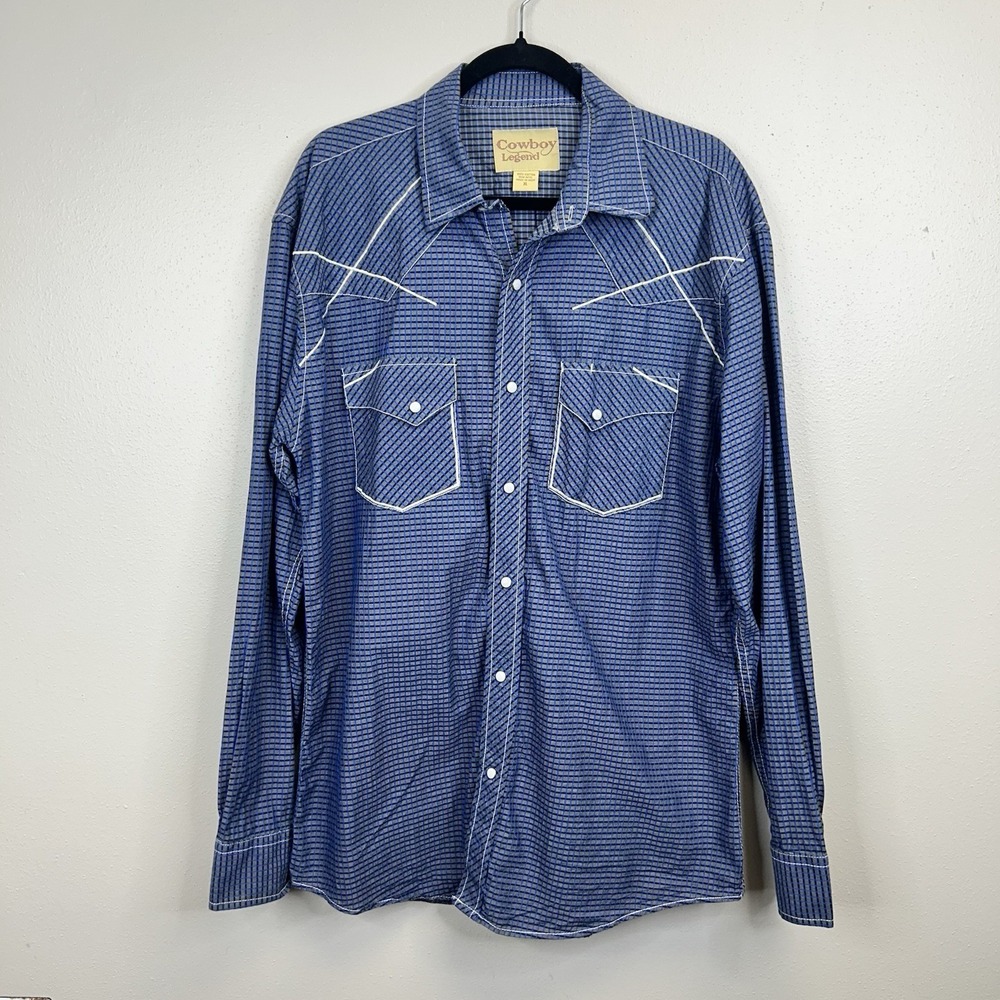 Cowboy Legend Men's XL Western Pearl Snaps Long Sleeve Shirt Blue Plaid Rodeo